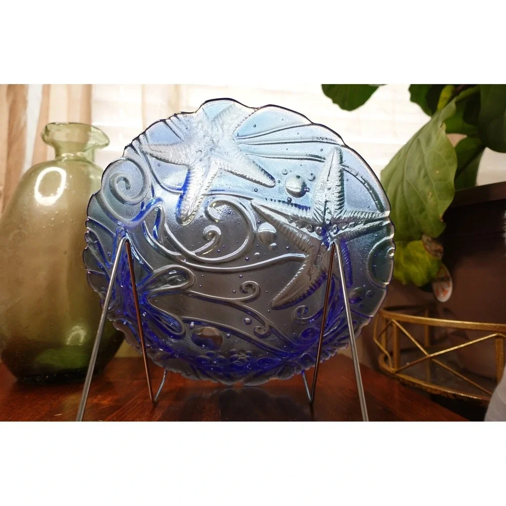 Blue Iridescent Glass Plate Starfish Seashell‎ Decorative Display Dish